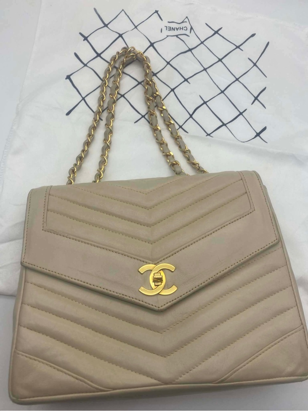CHANEL Chevron Quilted Shoulder Bag in Taupe with Gold Hardware